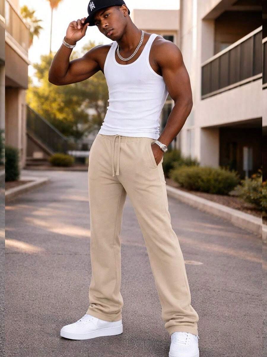 Mens Casual Tech Fleece Solid Stacked Sweat Pants - OATMEAL - View 1