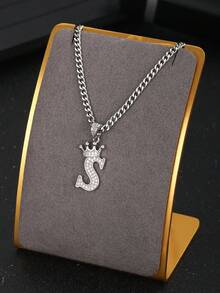 1件经典银色不锈钢锆石皇冠字母吊坠项链饰品配饰，男女通用，派对礼物