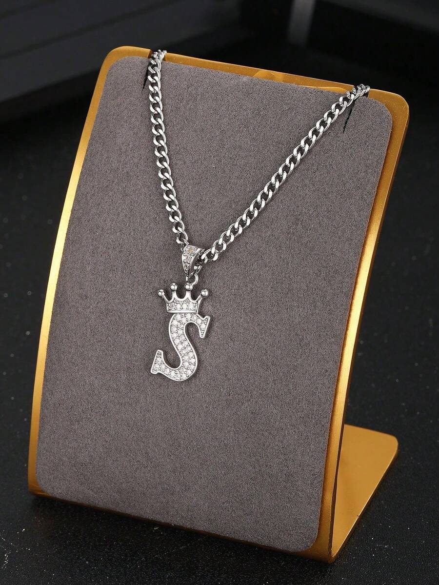 1件经典银色不锈钢锆石皇冠字母吊坠项链饰品配饰，男女通用，派对礼物