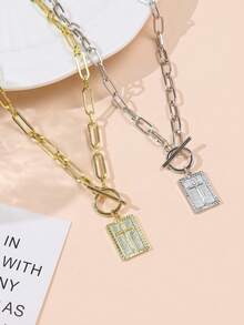 1pc Vintage Minimalist Cross & Geometric Rectangle Tag Pendant Necklace, Women Casual, Party, Work Commute Wear - Cross - View 5
