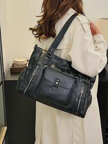 Bolso de hombro de gran capacidad para mujer de unicolor, bolso de mujer de gran capacidad con textura de moda, bolso de mano grande, bolso bandolera personalizado para mujer, adecuado para uso diario y universidad, adecuado para salir, compras, regalos, viajes, ir y venir - Negro - Ver 2