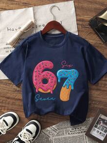1 pieza Camiseta de manga corta con estampado de helado y rosquilla para niñas preadolescentes, ropa casual para estudiantes jóvenes, top de verano para niñas preparándose para jugar - Negro - Ver 4