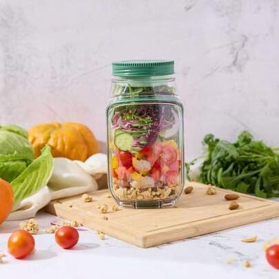 Cốc đựng salad di động dành cho học sinh, hộp đựng salad mở bên hông chống rò rỉ - Hộp đựng salad kiểu hũ thủy tinh Mason Jar di động, hũ đựng salad di động kèm hộp đóng gói nhỏ, thích hợp cho nhà bếp và gia đình, mang đi du lịch - 1 chiếc