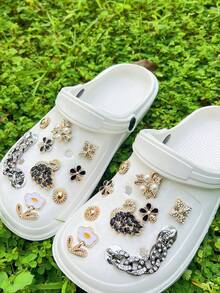 18pcs DIY Garden Shoe Rhinestone Black Swan 3D Cute Flower Shoe Accessories - Black Rhinestone Chain Shoe Flower Detachable Decor, Suitable For Beach Shoes, Hollow Shoes, Holiday Gifts, All Seasons - Black - View 5