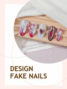 Valentine's Day Heart-Shaped Acrylic Nails 24Pcs Holographic Medium Almond Press On Nail Tips, Y2K Red Cat Eye Fake Nail Set, DIY Art Silver Chrome/Star Decorations, Suitable For Nail Salons Girls And Women Nail Supplies Daily Wear, Holiday Parties And Gifts - Multicolor - View 3