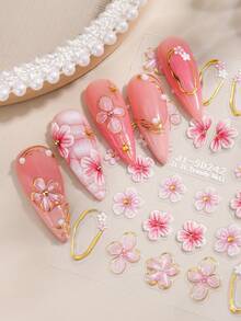 2Pcs 5D Embossed Spring/Summer Hibiscus Nail Stickers, Pink Gradient Hibiscus Pattern And French Gold Outline Design - Self-Adhesive Nail Stickers, Cute And Charming Decorative Stickers, Create Elegant Spring/Summer Nail Art DIY - Nail Salon Supplies - Multicolor - View 3