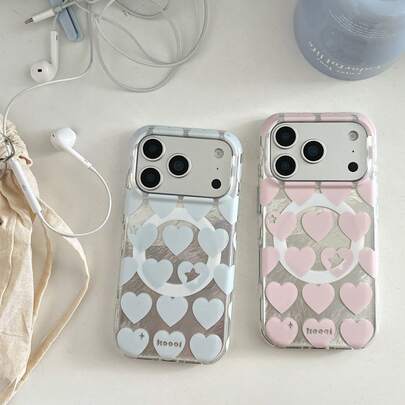 Korean Style Minimalist Matching Half-Covered Magnetic Powder Blue Heart 17 Pro Max/16 Pro Max Phone Case, Cute & Fashionable For Girls, Compatible With IPhone 15 Pro/14/13