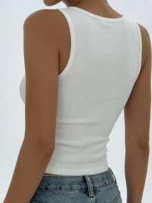Women's Summer Solid Square Neck Ribbed Casual Versatile White Tank Top - White - View 5