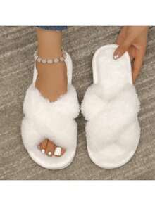 Women's Plush Cross-Strap Slippers, Open-Toe Slippers, Warm Cotton Slippers For Home Wear, Available In Burgundy, Khaki, Pink, White, And Coffee Colors. - trắng - Xem 5