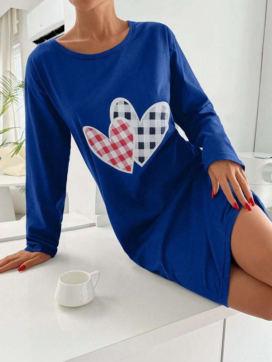 100%Cotton Letter & Cartoon Embroidery Striped Short Sleeved Nightdress - Navy Blue - View 1