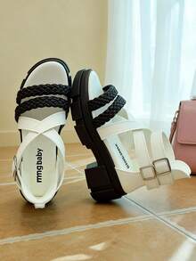 1 Pair Toddler Girls' Beige & Black Woven Soft Leather Sandals, Non-Slip Thick Sole Platform Criss-Cross Strap + Ankle Strap Sandals, Summer Design Soft Bottom Comfortable Children Sandals, Fashionable Holiday Gift - 黑與白 - 查看 6