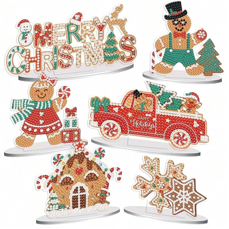 Decor For Home Diamonds Art Kit Decorations, 6 Pack Christmas Diamonds Painting Kit For Adult Tabletop Gift DIY 5D Diamonds Dots, Special Crystal Diamond Gingerbread Man Snowflake Coffee - DP02410 - 查看 1