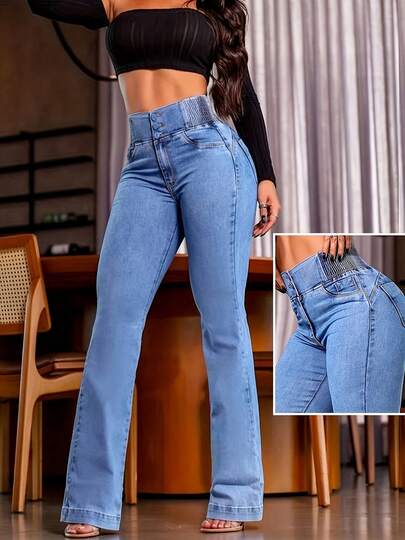 Women's Jeans, Women's Low-Rise Jeans, Minimalist Style Women's Clothing, Vintage Casual Jeans, Flared Jeans, Elegant Jeans, Elastic Waistband, Loose Slanted Pockets, Zipper And Button Closure, Suitable For Tall Women, Exquisite Details, Fashionable And Sexy, Suitable For Outdoor Wear, New Year, Street Style, Birthdays, Going Out, Christmas, Clubs, Vacations, Concerts, Festivals And Parties, Etc.