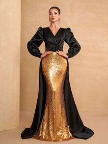 YISIKADO Đầm dạ hội đính sequin lấp lánh dành cho nữ, cổ chữ V sâu, tay dài, chất liệu satin sang trọng, thích hợp cho khách dự đám cưới, phù dâu, tiệc sinh nhật, tiệc chiêu đãi, tiệc tốt nghiệp, các buổi dạ hội, lễ kỷ niệm và các nghi lễ. - Nhiều màu - Xem 5