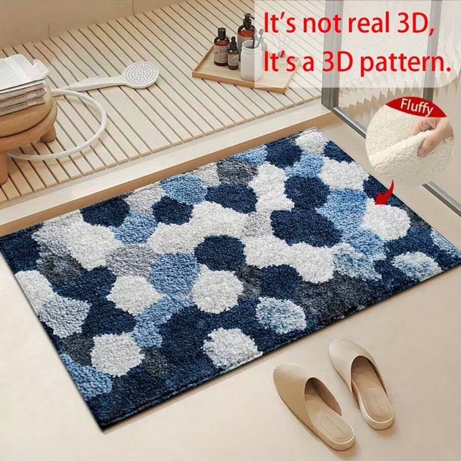 1pc Blue And White Polka Printed Pattern Design Microfiber Bath Rug, Non-Slip And Super Soft Bathroom Floor Rugs, Doormat, Bathroom Water Absorption Mat, Machine Washable, Low Pile, TPR Backing, Knit Fabric, ForBathroom, Bedroom, Kitchen, Entryway, Indoor & Outdoor Use, Bathroom Accessories & Decor, Perfect New Home Gift. - Multicolor - View 1
