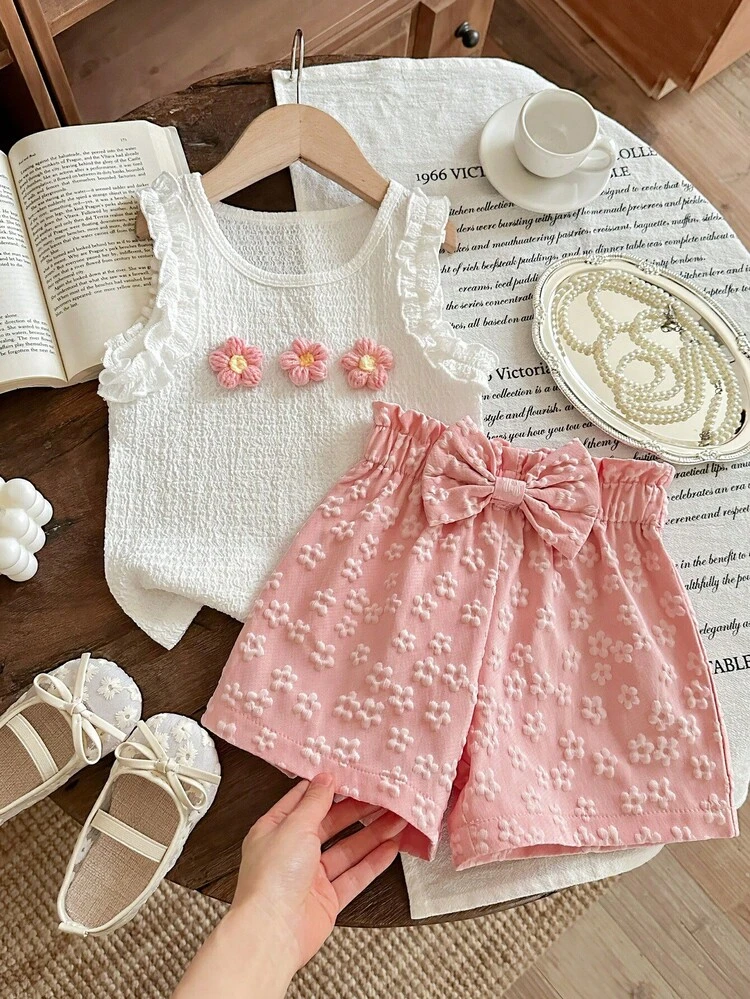 Girls' White & Pink Outfit, Floral Decor Cap Sleeve Top + Bowknot High Waist Jacquard Shorts, Children Sweet Cute 2-Piece Set, Fashionable Casual Princess Style - Pink - View 1