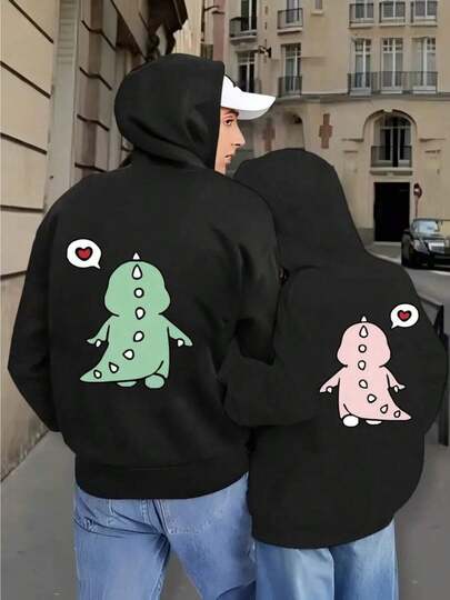 Sudadera con Capucha para Parejas de Dinosaurios y Corazones - Diseño Verde//Rosa, Oliva & Rosa, Canguro Ajustable Manga Larga Bolsillo Lavado a Mancha Primavera/Otoño Conjuntos Casuales