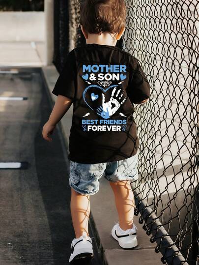 1 st. T-shirt med rund hals och kort ärm för pojkar, sommarkläder för studenter och små barn - färgglad t-shirt med engelskt bokstäver som ger glädje och lycka till alla barn! MOR & SON