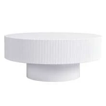 MERAX Elegant Easy Assembly Round Coffee Table With 6.8" Thick Tabletop, Modern Drum End Table, Minimalist Fluted Center Table With Sturdy Base For Living Room, White, 35.4"W*16.7"H - 白色 - 查看 10