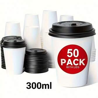 50个/包加厚纸杯，带盖，容量10盎司（300毫升），适用于家庭、办公室、餐厅、酒店——可盛装冷热饮品，尤其适合咖啡、茶、拿铁。设计便捷，用途广泛，是派对用品的理想之选，居家和户外必备。节日必备。