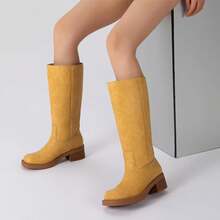 Women's Knee High Square Toe Chunky Block Riding Boots, Low Heel, 2025 Fashion - Yellow - View 9
