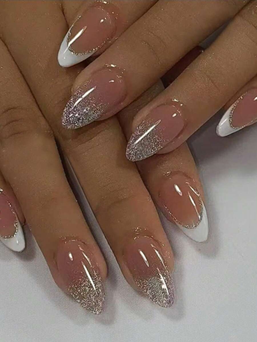 24片杏仁形白色法式美甲贴纸，时尚设计，压敏式，完美适用于亚克力指甲，包含1片果冻胶和1个指甲锉，适合夏季，女性和女孩日常工作、学习和聚会使用。 - 彩色 - 查看 1