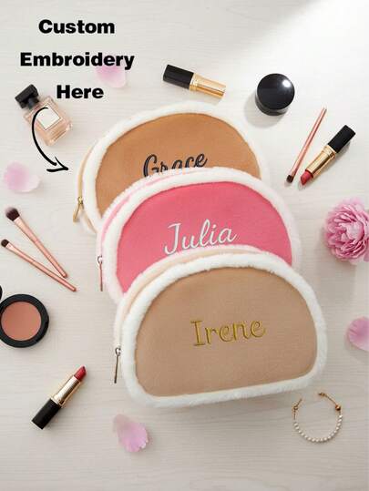 Personalized Fashion Plush Cosmetic Bag, Contrasting Fur Trim Design, Colorblock Patchwork, Cute Portable Travel Toiletry Pouch, Soft Zipper Storage Organizer Bag For Makeup, Skincare, Daily Essentials, Ideal Gift For Girls, Suitable For Home And Travel