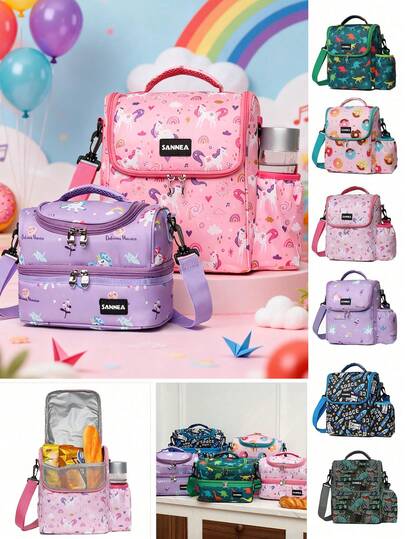 1 حقيبة غداء كبيرة السعة ذات رسوم كرتونية جميلة، حقيبة غداء مبطنة بطبقتين بتصميم ديناصور وحصان وحيد القرن للمحبين للأنماط الكرتونية الكيوت، حقيبة عزل حرارية مبردة لحمل الوجبات مع مقبض وحزام كتف قابل للفصل