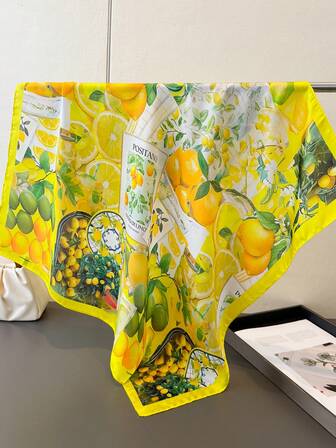 1 Pc French Style Citrus Lemon Print Hijab Thin Sunscreen Shawl Women Hair Kerchief Imitation Silk Square Scarf Handbag Bandana Suitable For Beach, Street, Daily, Vacation, Decoration Ribbon.