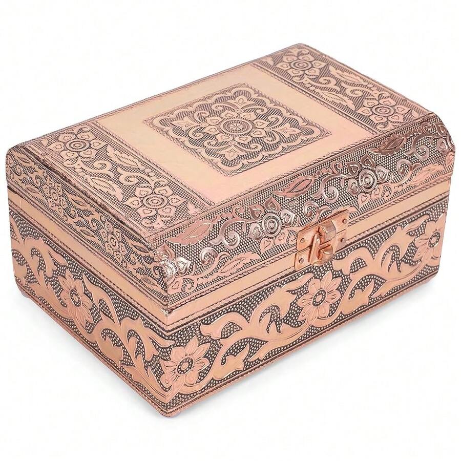 Cottage Garden Moroccan Copper Tone Metal Stamped Round Top Trunk Keepsake Box,MoroccanMoroccan - 摩洛哥的 - 查看 1