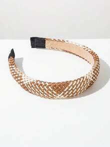 1 pieza Diadema de tela de unicolor con esponja y corona alta, estilo coreano minimalista y versátil, accesorio de viaje de diadema tejida de rafia bohemia para mujer - color cafe - Ver 3