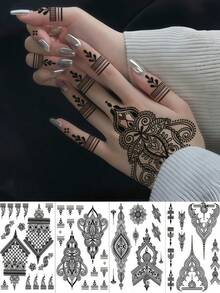 4张海娜临时纹身贴纸，性感手部纹身，黑色海娜纹身，开斋节礼物，防水曼陀罗曼海蒂模板，适用于节日、婚礼、派对、斋月装饰，女士适用 - 黑色 - 查看 10