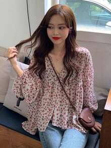 Primavera y otoño nuevo dulce simple suelta temperamento salvaje V-cuello floral de manga larga blusa de gasa camisa blusas elegantes dama - Rosa - Ver 4