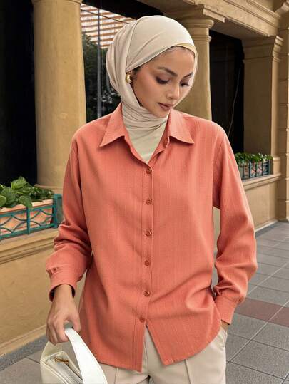 DAZY 女士商务休闲纯色纹理长袖宽松翻领衬衫，秋季服装