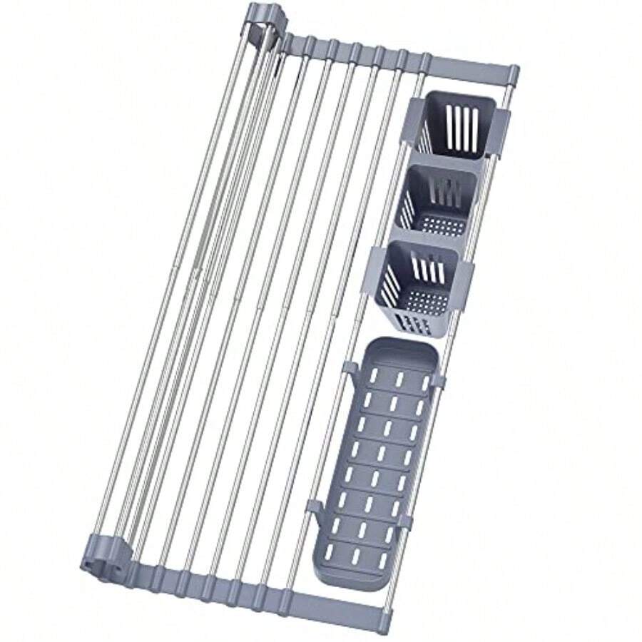 Expandable Roll Up Dish Drying Rack Up To 22.8''with 2 Storage BasketsOver The Sink Kitchen Rolling Up Dish Drainer Dish Drying Rack In Sink Foldable Rollable For Kitchen Dishes Cups Fruits Forks - Grayfor Expandable Size228 X 127 - View 1
