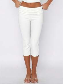 Women's Y2k Fold Over Yoga Capri Pants Soft Stretchy Cropped Leggings Elastic Waist Solid Color 3/4 Length Pants Casual Summer Wear - 白色 - 查看 1