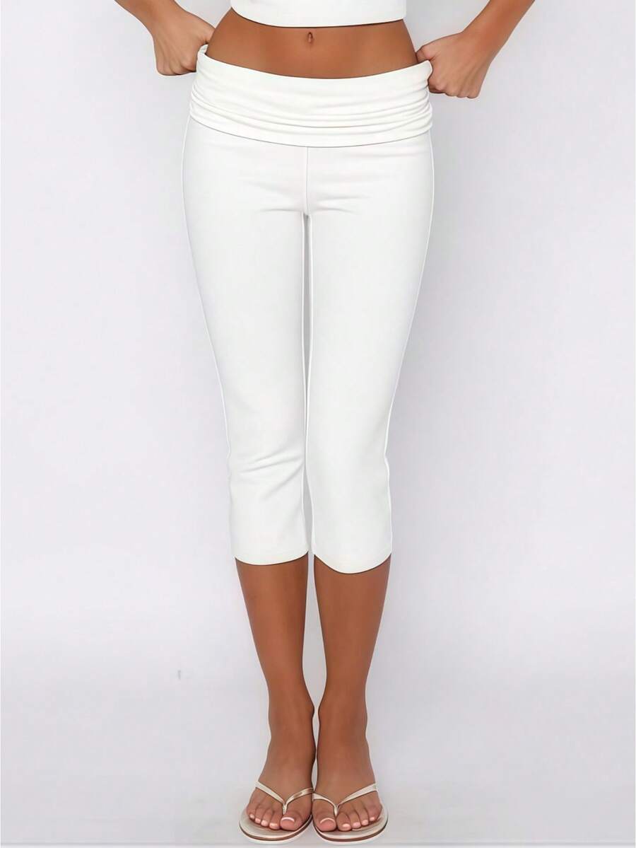 Women's Y2k Fold Over Yoga Capri Pants Soft Stretchy Cropped Leggings Elastic Waist Solid Color 3/4 Length Pants Casual Summer Wear - 白色 - 查看 1