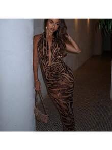 Women's Sequined Tiger Print Halter Maxi Dress Deep V-Neck Sleeveless Design, Floor-Length With Shiny Glitter For Club Night Out Wear - 黑色 - 查看 2