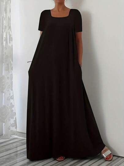 大码女式时尚休闲方领纯色口袋短袖连衣裙，欧美风春夏款，黑色