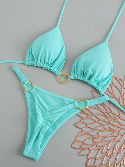 2026 New Sexy Bikini Set For Women, Heart Decor Solid Color Halter Split Swimwear