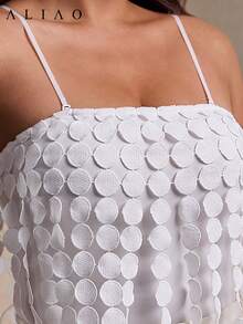 A&A Plus-Size Laser Cut Multi Circle Double Layered Minimalist Geometric Tassel Tube Top, Removable Halter Top, Polka Dot, White Top, Back To School, Off The Shoulder Top, Flowy Tops, All White - White - View 2
