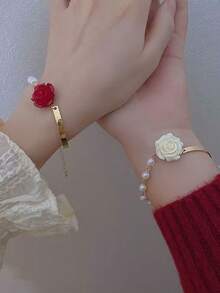 1pc Elegant Red Rose Meets White Rose & Pearl Flower Bracelet, Lightweight Luxury French Style Floral Bangle