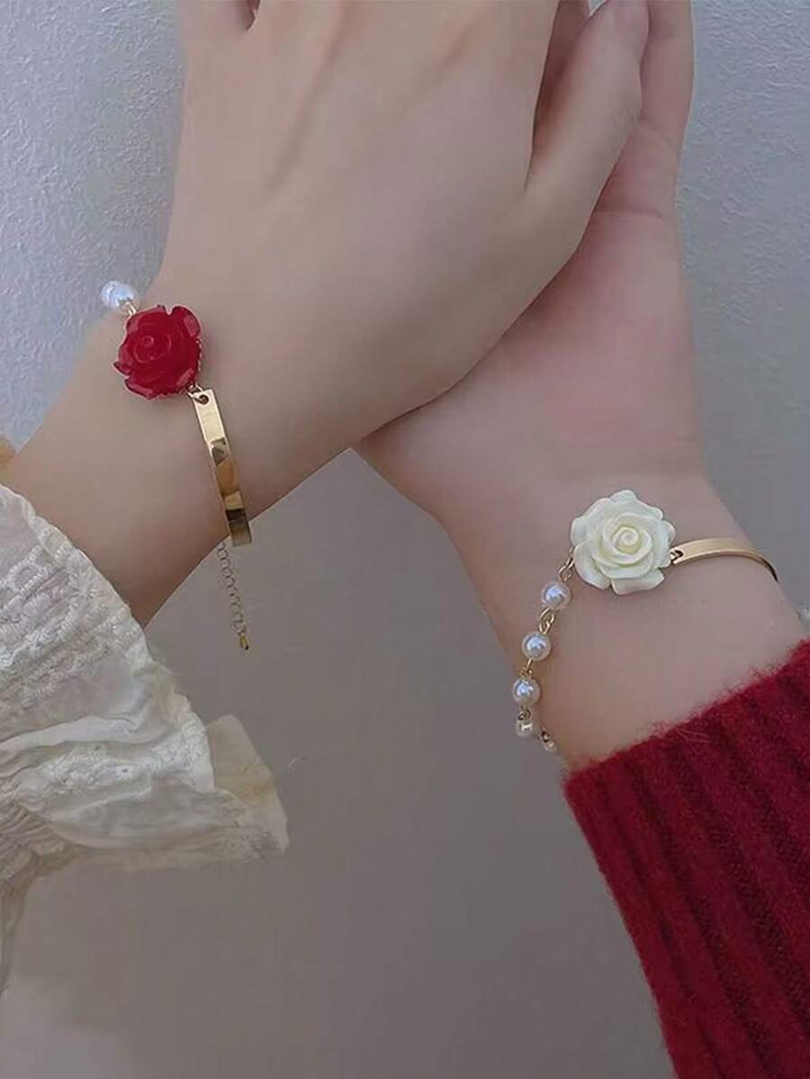 1pc Elegant Red Rose Meets White Rose & Pearl Flower Bracelet, Lightweight Luxury French Style Floral Bangle