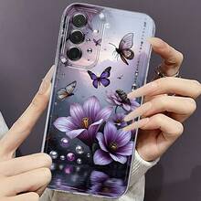 Funda de Teléfono de Mariposa Flor Morada Compatible con Samsung Galaxy A03S A04 A05S A06 A07 A13 A14 A15 A16 5G A17 A21S A22 A23 A24 A25 A26 A32 A34 A35 A36 A50 A52 A53 A54 A55 A56 A73 S21 Ultra S22 Plus S23+ S24 FE S25 Funda de TPU Suave Versátil de Moda, Duradera, Antigolpes, Transparente y Protectora - Multicolor - Ver 6