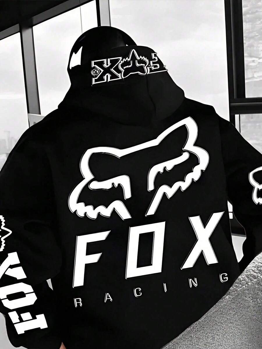 Fox Racing Graphic Black Hoodie Print Fashion Casual Men Hoodies Oversized Comfortable Streetwear Pullover Hooded Sweatshirt For Men Retro Graphic Design Long Sleeve Hoodie - 黑色 - 查看 1