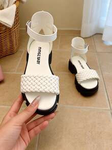 1 Pair White Woven Soft Leather Girls' Sandals, Non-Slip Thick Sole Platform, Strap + Ankle Strap Design, Fashionable Soft Bottom Comfortable Wear, Ideal Summer Outing & Holiday Gift, Children Sandals - 白色 - 查看 17