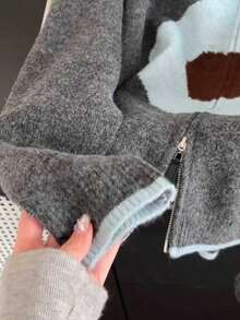 女士宽松短款毛衣，休闲舒适花卉印花拼色针织上衣，秋冬 - 灰色 - 查看 5