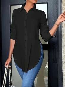 Women's Asymmetrical Long Sleeve Blouse, Solid Color Minimalist Office Top, Elegant Casual Shirt For Fall & Winter - 黑色 - 查看 7