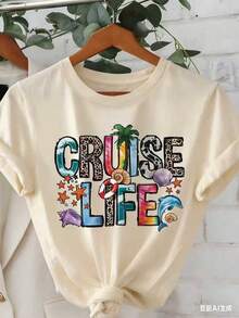 Women "Cruise Life" Summer Vibe Letter Print Short Sleeve Crew Neck T-Shirt-White And Navy Off-The-Shoulder Cropped Top ST Patrick' S Day - 杏色 - 查看 3