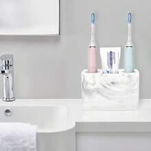 Soporte para cepillo de dientes eléctrico Luxspire, soporte para cepillo de dientes y pasta de 3 ranuras de mármol grande, organizador de accesorios de baño de resina para tocador, estilo de mármol - Blanco tinta, 3 ranuras, Blanco tinta - Tinta blanca - Ver 5